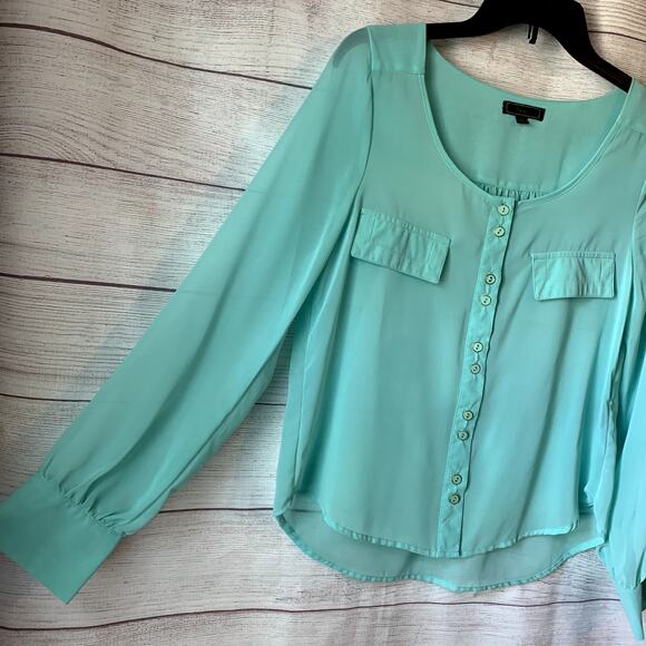 Pearl Teal Button Up Blouse Sheer with Long Sleeves Scoop Neckline Size M - Picture 4 of 15
